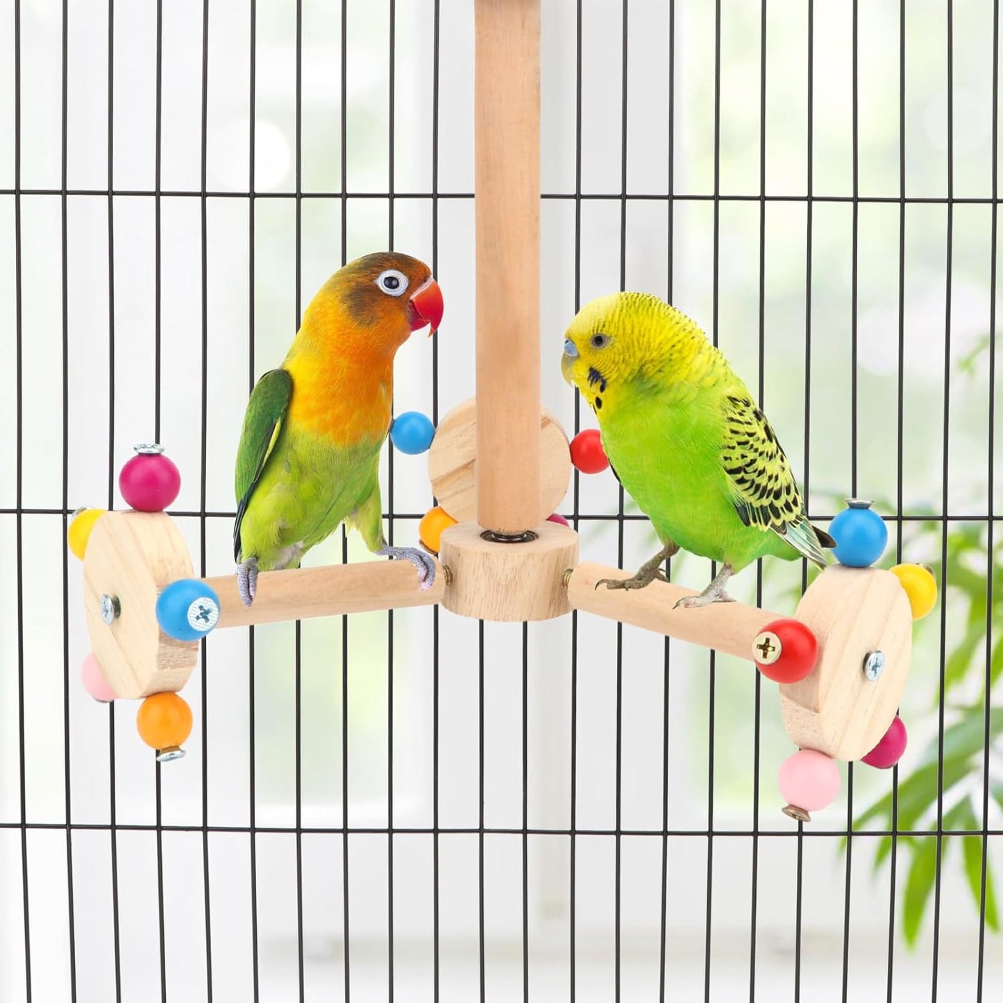Spinning Bird Perch Stand Toy Natural Wood Interactive Exercise Wheel Parrot Perch Toys Bird Rotating Perch for Parrot Parakeets Budgies Lovebirds Finch Conures (3 Stands)