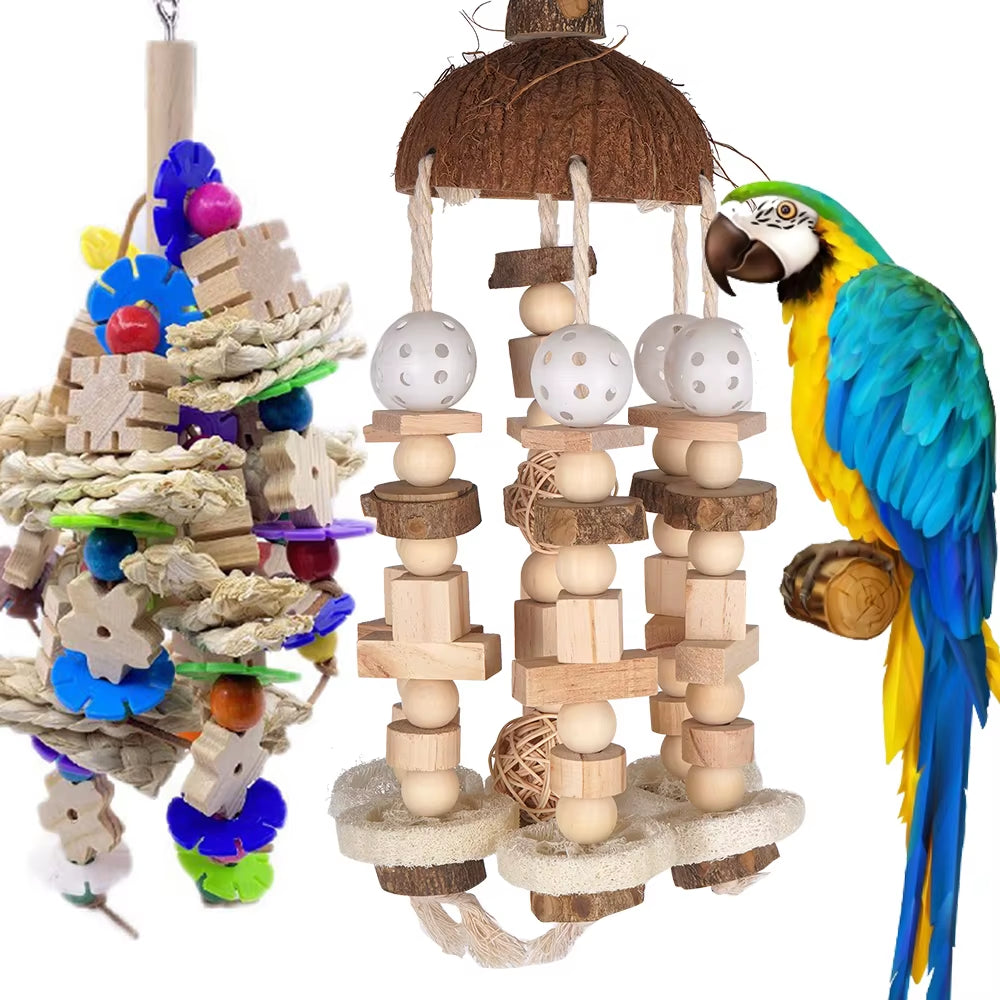 Bird Parrot Toy, Large Parrot Toy Natural Wooden Blocks Bird Chewing Toy Parrot Cage Bite Toy Suits for Macaws Parrots