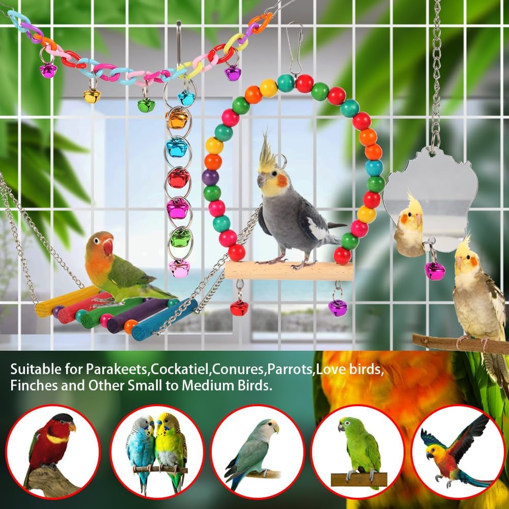 9Pcs Bird Toys for Parakeets - Wooden Ladder Bridge & Swing Hammock for Parrots, Conure, Cockatiel, Love Birds, Finches, Mynah, Budgerigar