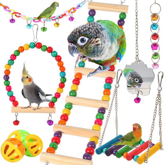 9Pcs Bird Toys for Parakeets - Wooden Ladder Bridge & Swing Hammock for Parrots, Conure, Cockatiel, Love Birds, Finches, Mynah, Budgerigar