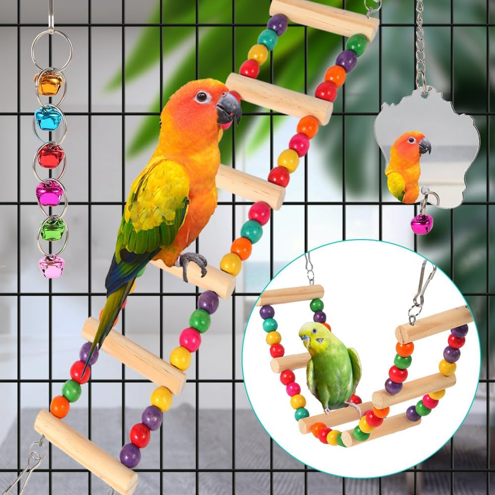 9Pcs Bird Toys for Parakeets - Wooden Ladder Bridge & Swing Hammock for Parrots, Conure, Cockatiel, Love Birds, Finches, Mynah, Budgerigar