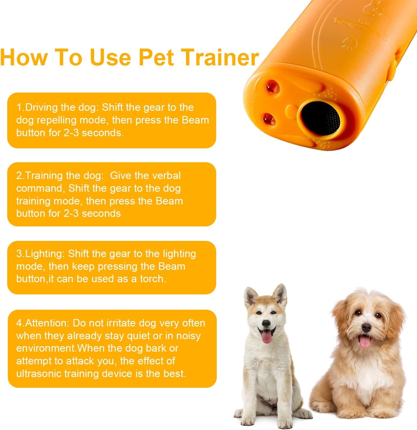 LED Ultrasonic Dog Repeller and Trainer Device 3 in 1 anti Barking Stop Bark Handheld Dog Training Device (Yellow)