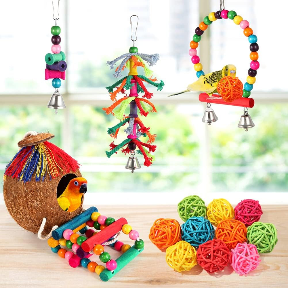 Parakeet Bird Parrot Toys Colorful Swing Chewing Hanging Toys with Bells Climbing Ladder Coconut Bird Cage for Small Cockatiels,Conures,Finches,Budgie,Macaws,Love Birds（Pet-Only USE）