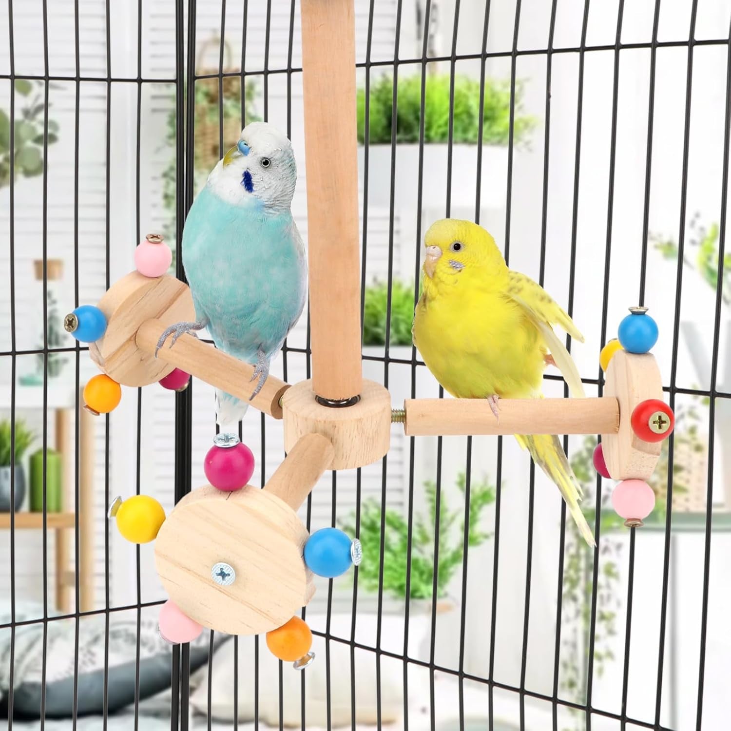 Spinning Bird Perch Stand Toy Natural Wood Interactive Exercise Wheel Parrot Perch Toys Bird Rotating Perch for Parrot Parakeets Budgies Lovebirds Finch Conures (3 Stands)