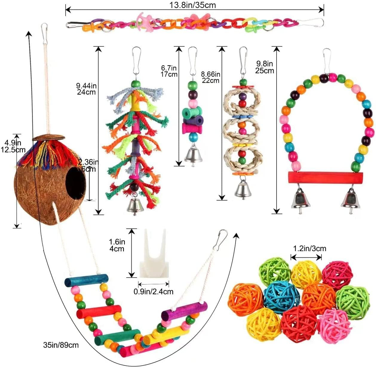 Parakeet Bird Parrot Toys Colorful Swing Chewing Hanging Toys with Bells Climbing Ladder Coconut Bird Cage for Small Cockatiels,Conures,Finches,Budgie,Macaws,Love Birds（Pet-Only USE）