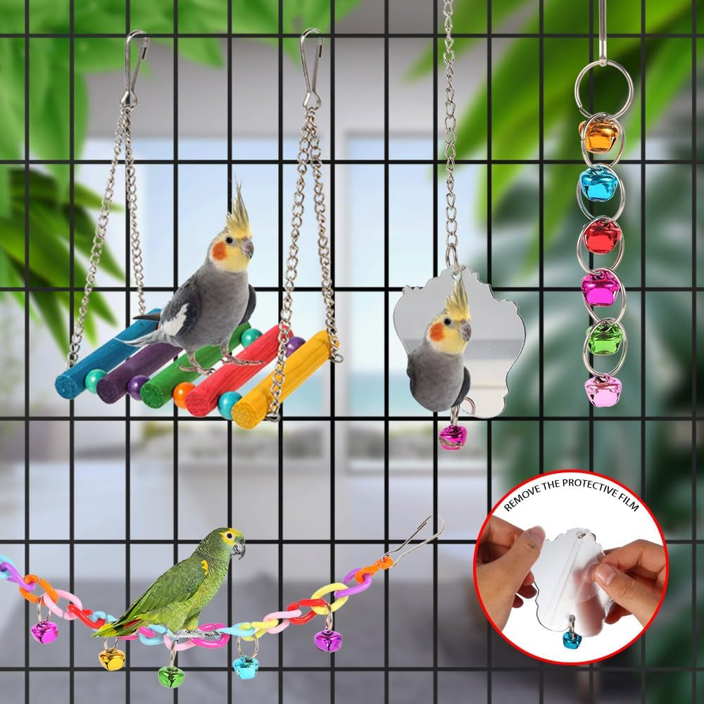 9Pcs Bird Toys for Parakeets - Wooden Ladder Bridge & Swing Hammock for Parrots, Conure, Cockatiel, Love Birds, Finches, Mynah, Budgerigar