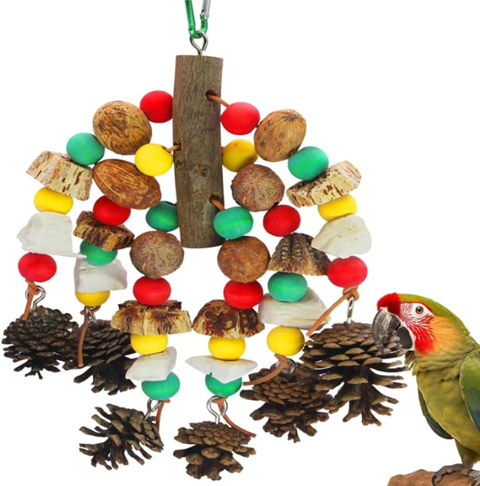 Parrot Toys,Nuts Nutrient-Rich Bird Toys,Natural Wooden Parrot Cage Bite Toy,Cockatoo Toys Containing Cuttlefish Bones,Pine Cones,Wooden Mangoes and Carambola for African Greys,Cockatoo,Budgie