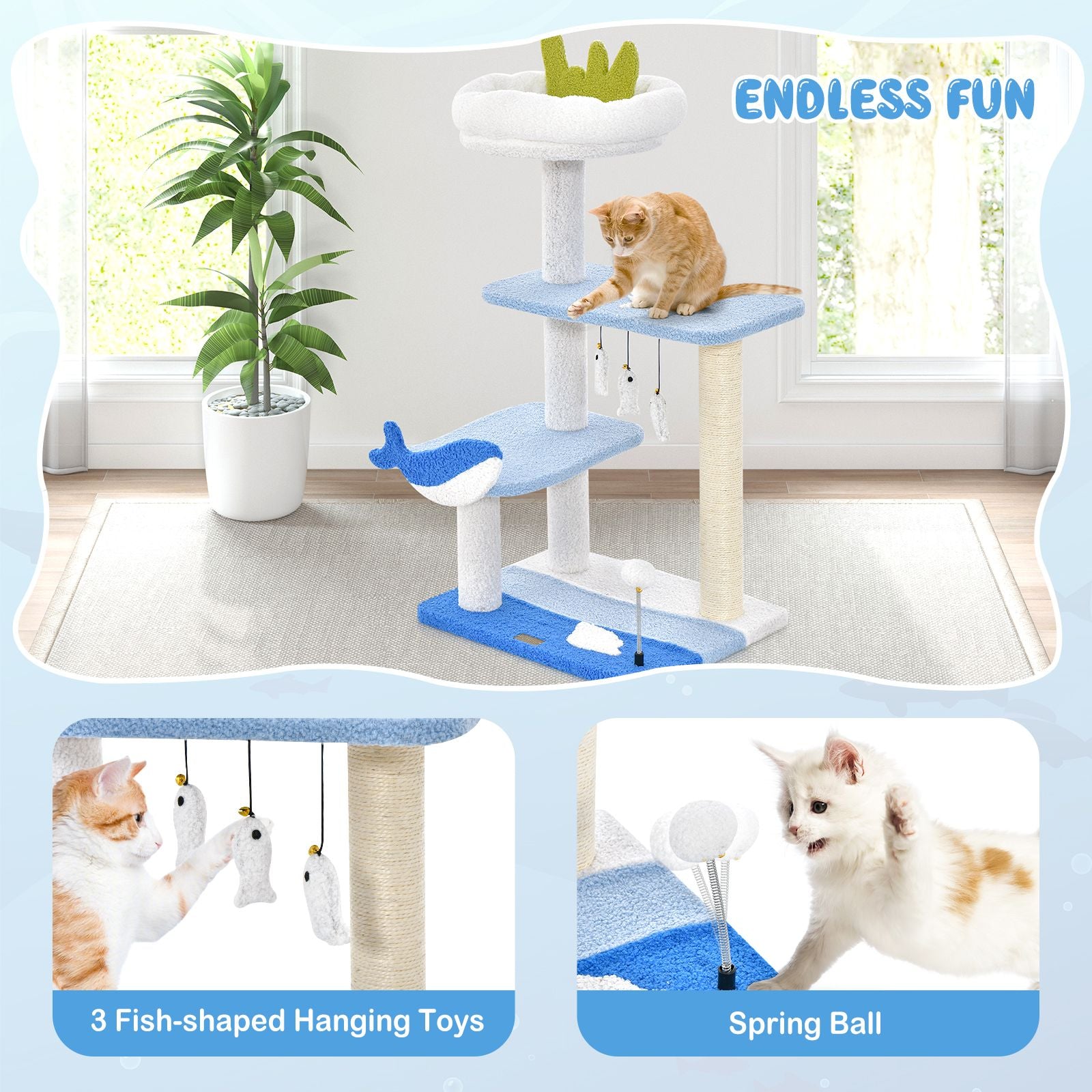 Ocean-Themed Cat Tree with Scratching Posts and Hanging Toys