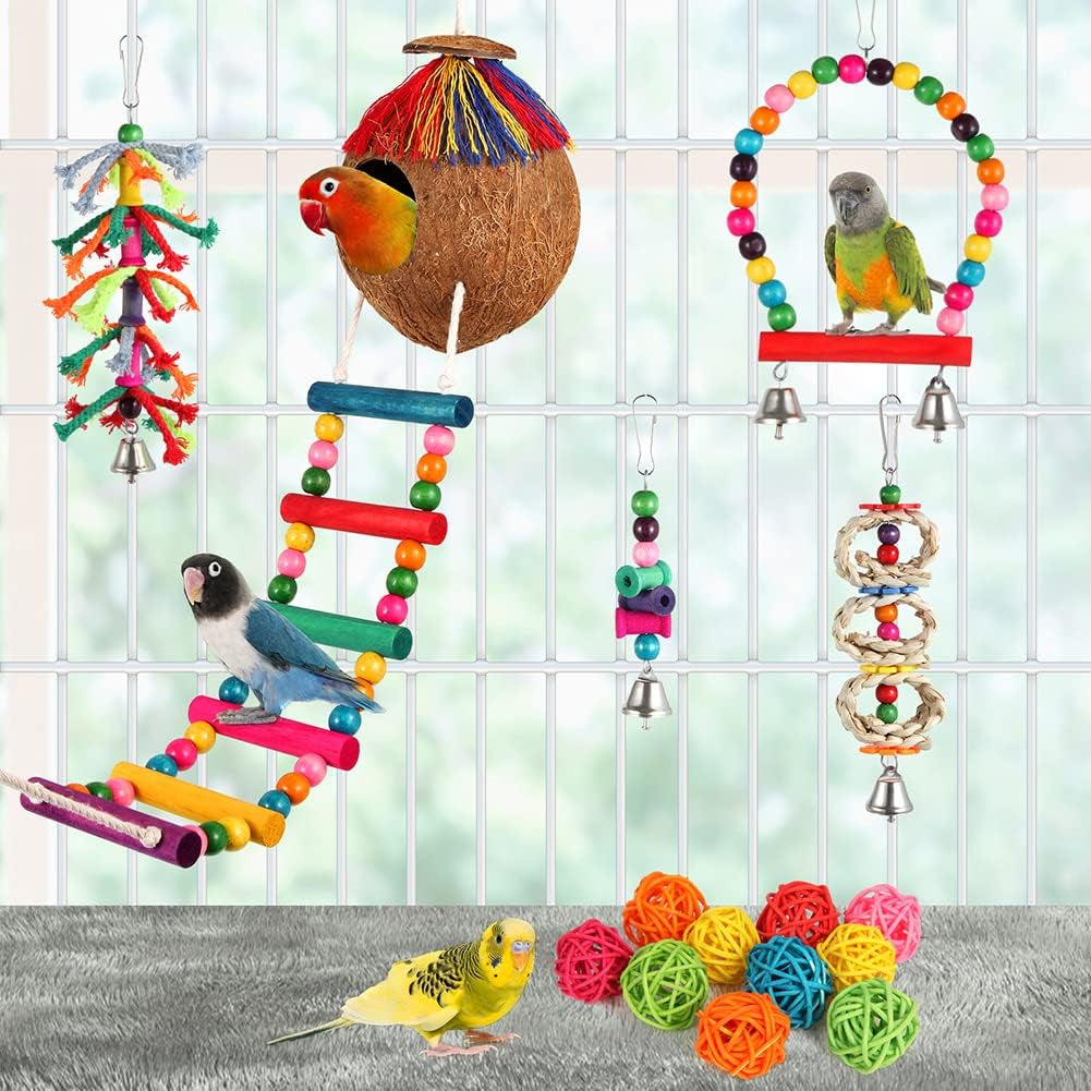 Parakeet Bird Parrot Toys Colorful Swing Chewing Hanging Toys with Bells Climbing Ladder Coconut Bird Cage for Small Cockatiels,Conures,Finches,Budgie,Macaws,Love Birds（Pet-Only USE）