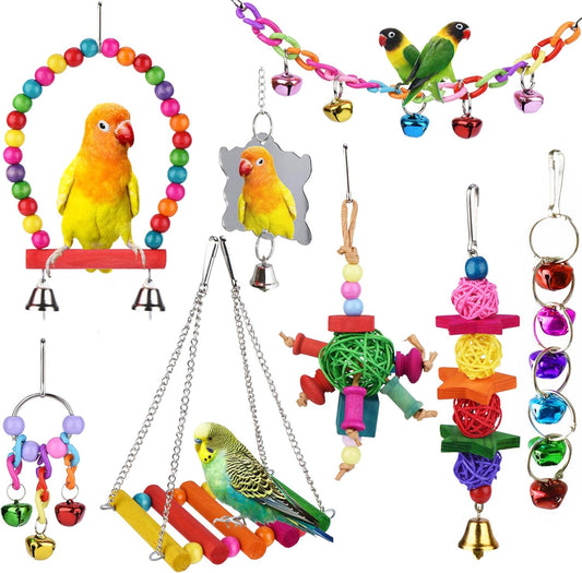 8 Pcs Parakeet Cockatiel Bird Toys, Hanging Bell Pet Bird Cage Hammock Swing Toy Wooden Perch Chewing Toy for Budgerigar, Conures, Love Birds, Finches, Mynah