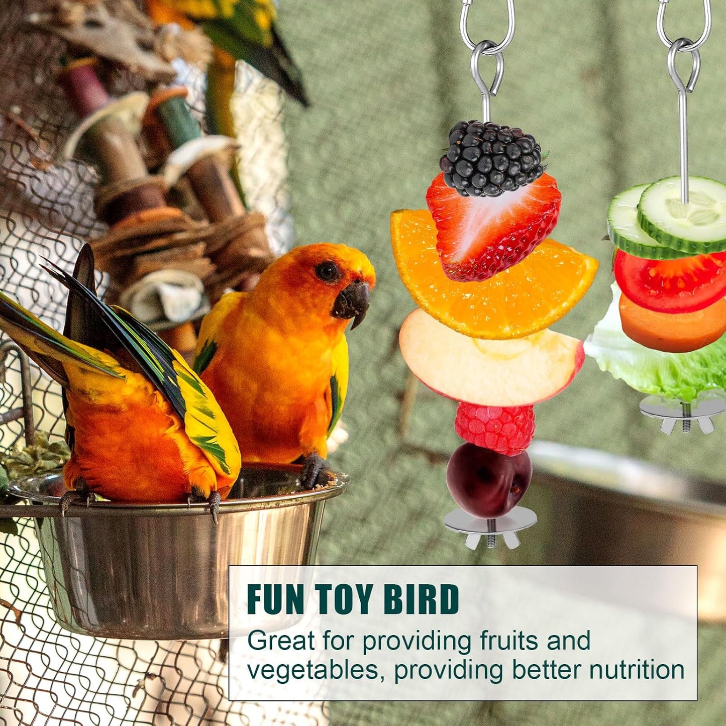 2Pcs Bird Cage Food Holder, Stainless Steel Parrot Fruit Skewer with Hook Bird Fruit Feeder Bird Supplies Foraging Toys for Macaw Parakeet Parrot Budgie