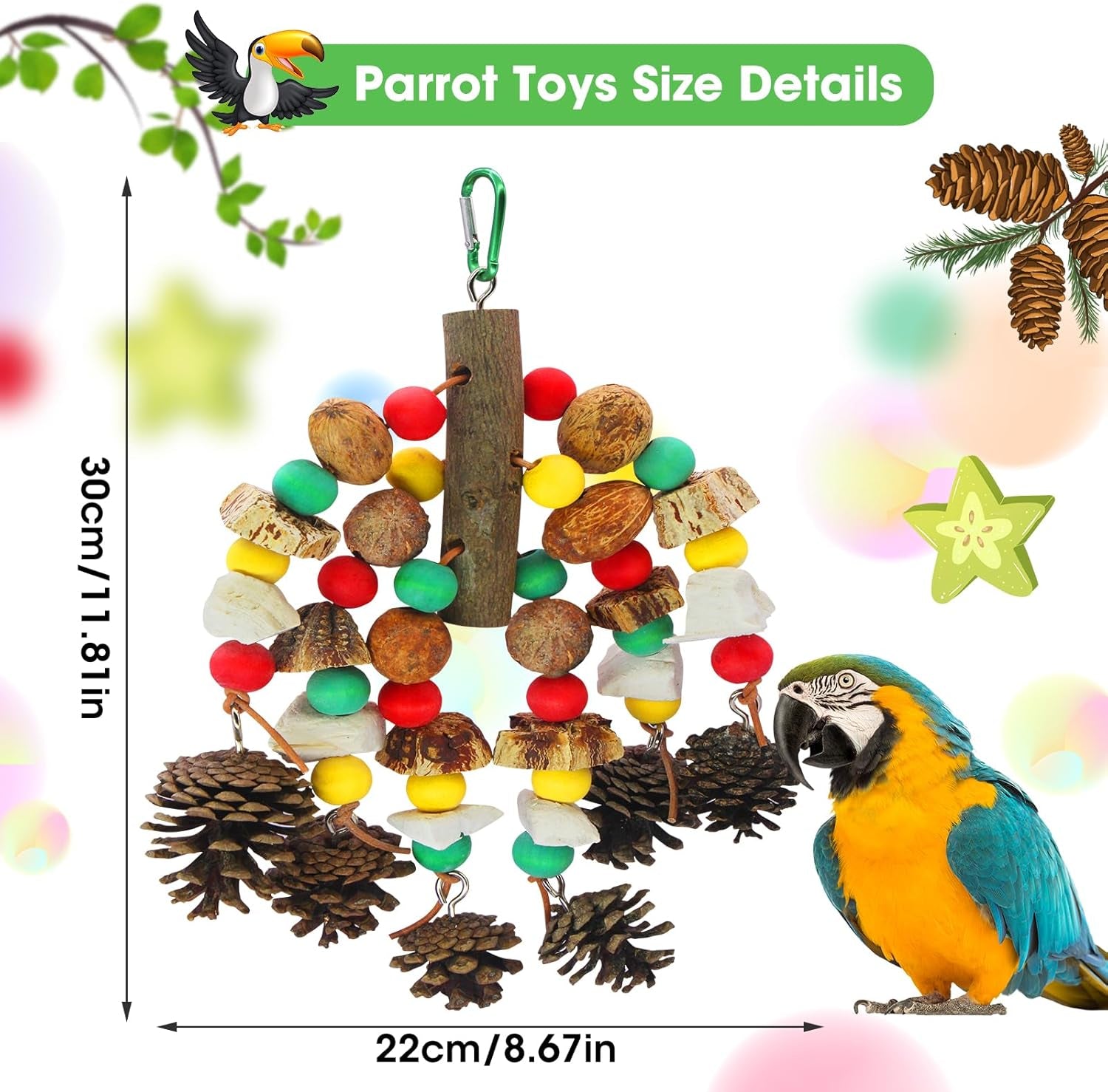 Parrot Toys,Nuts Nutrient-Rich Bird Toys,Natural Wooden Parrot Cage Bite Toy,Cockatoo Toys Containing Cuttlefish Bones,Pine Cones,Wooden Mangoes and Carambola for African Greys,Cockatoo,Budgie
