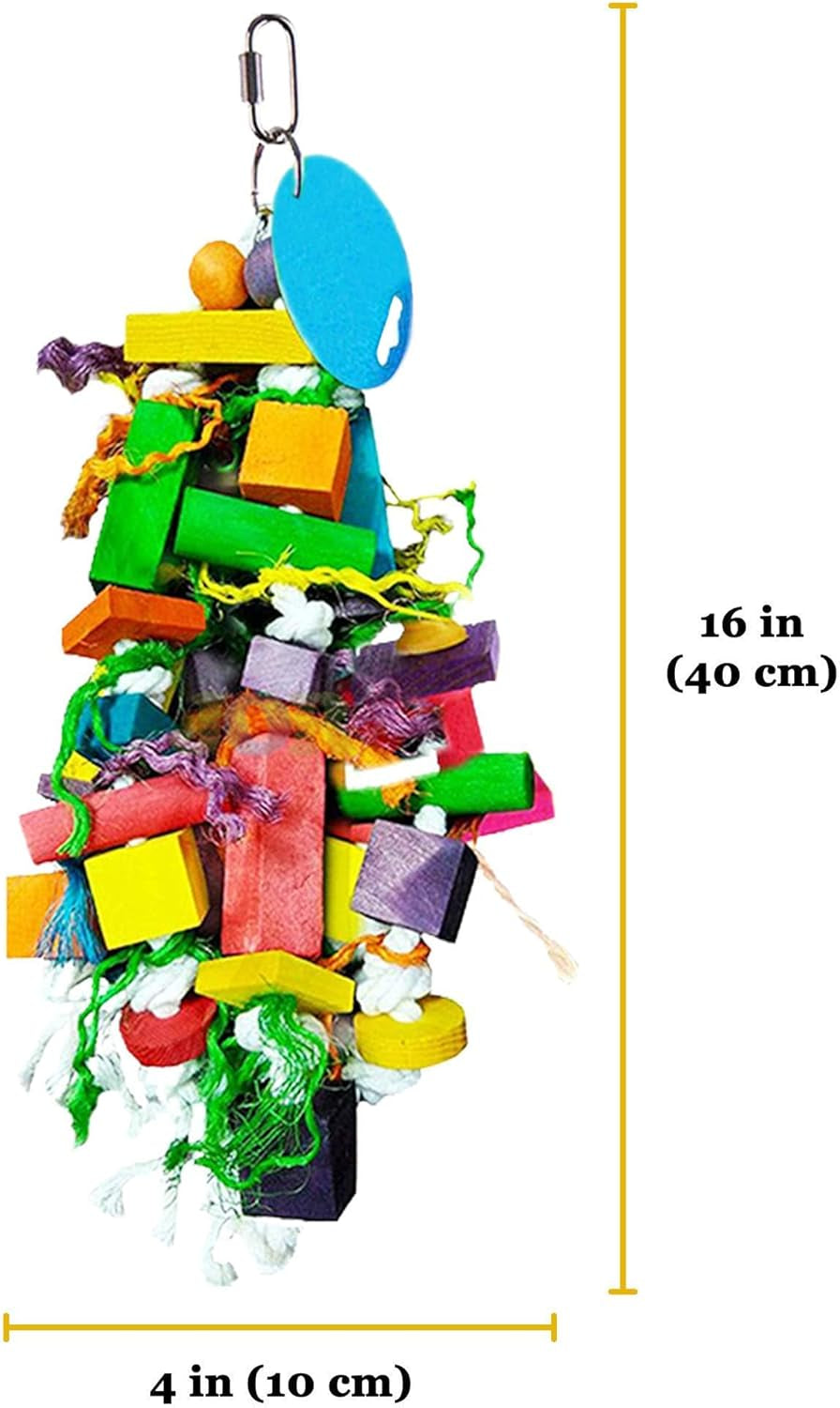Chewing Toy for Parrot, Cockatiel, Macaw, Conure, Parakeet, 15.7 Inches Tall by 4 Inches Wide, Edible Chew, Nibbling Keeps Beaks Trimmed, Multicolored Wooden Blocks, 1 Pc