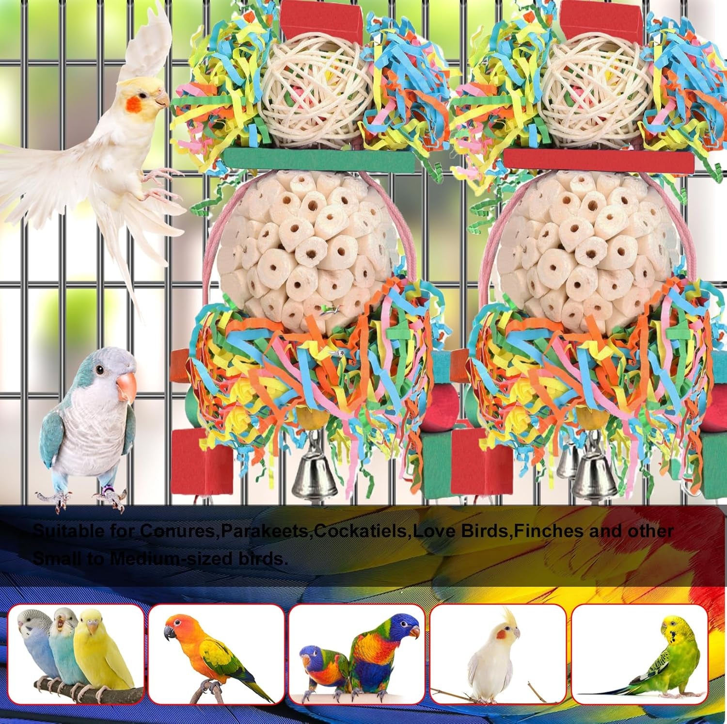 Bird Toys Conure Toys Hanging Natural Soft Sola Ball Beak Chew Shred Forage Toys for Parrots,Cockatiel,Conure,Love Birds,Parakeets,Budgie and Other Small Birds (PET-ONLY USE)