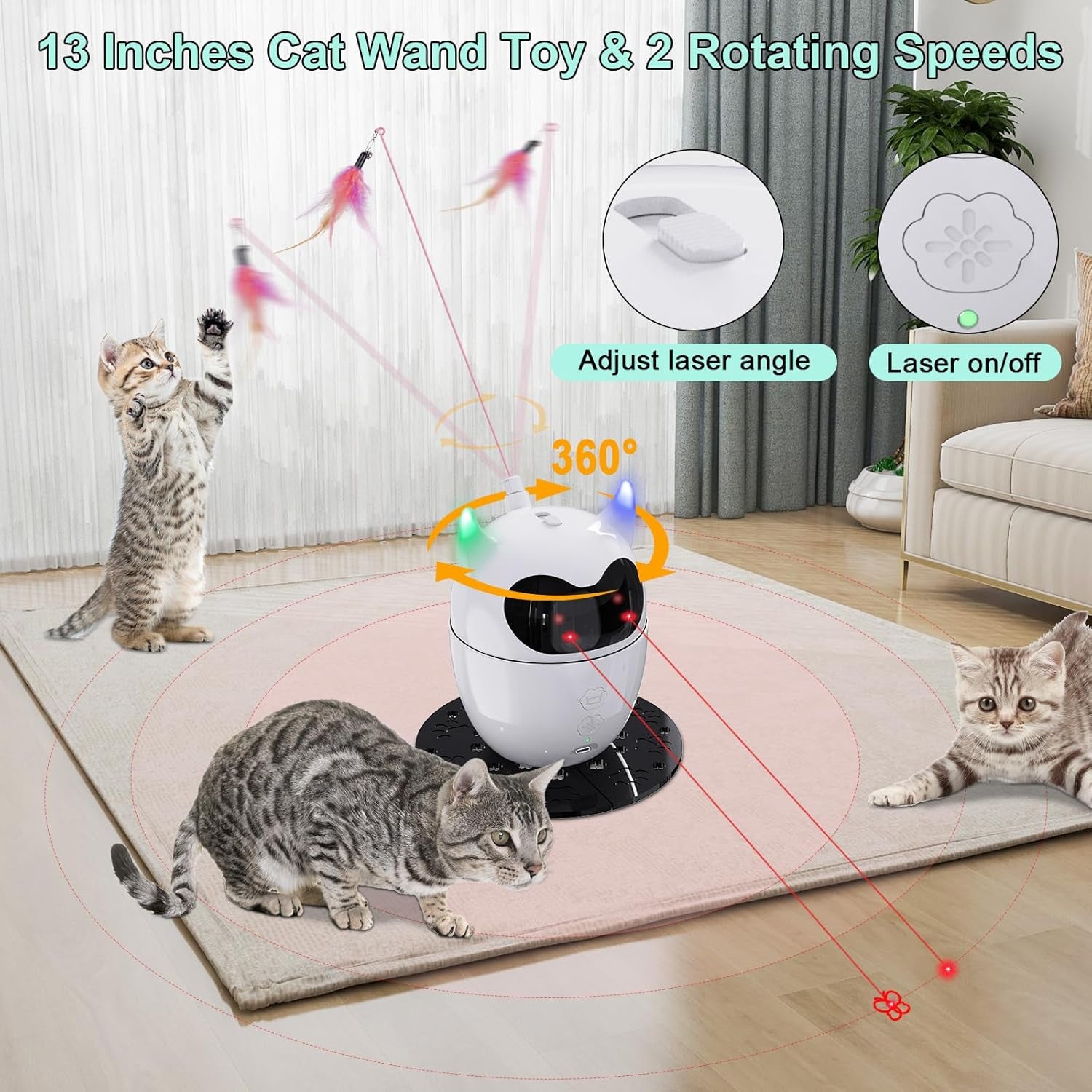 Automatic Cat Toy, 2In1 Rechargeable Interactive Cat Toy - Rotating Feather & Dual Light, Remote Control, Cat Toy for Indoor Cats Kittens