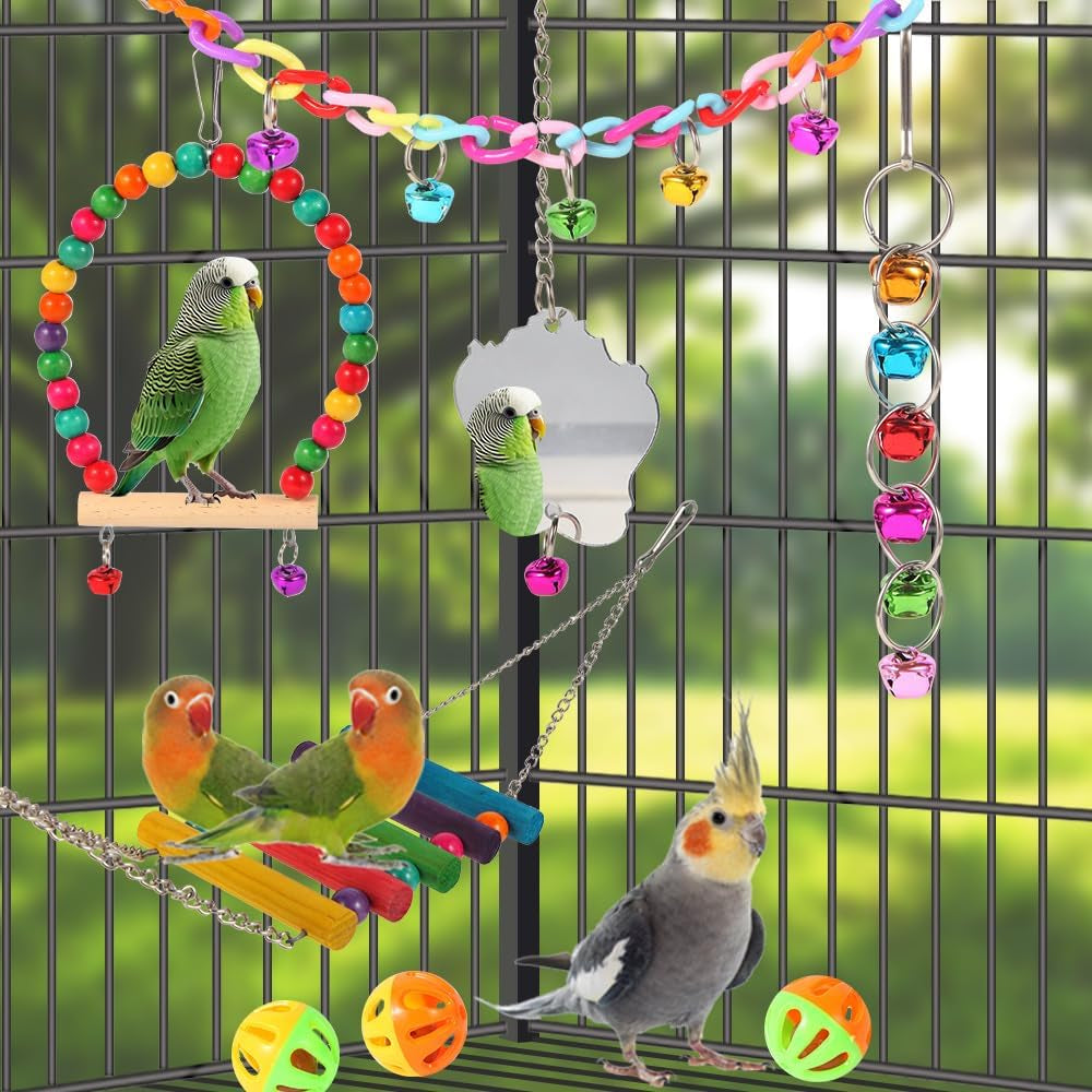 9Pcs Bird Toys for Parakeets - Wooden Ladder Bridge & Swing Hammock for Parrots, Conure, Cockatiel, Love Birds, Finches, Mynah, Budgerigar