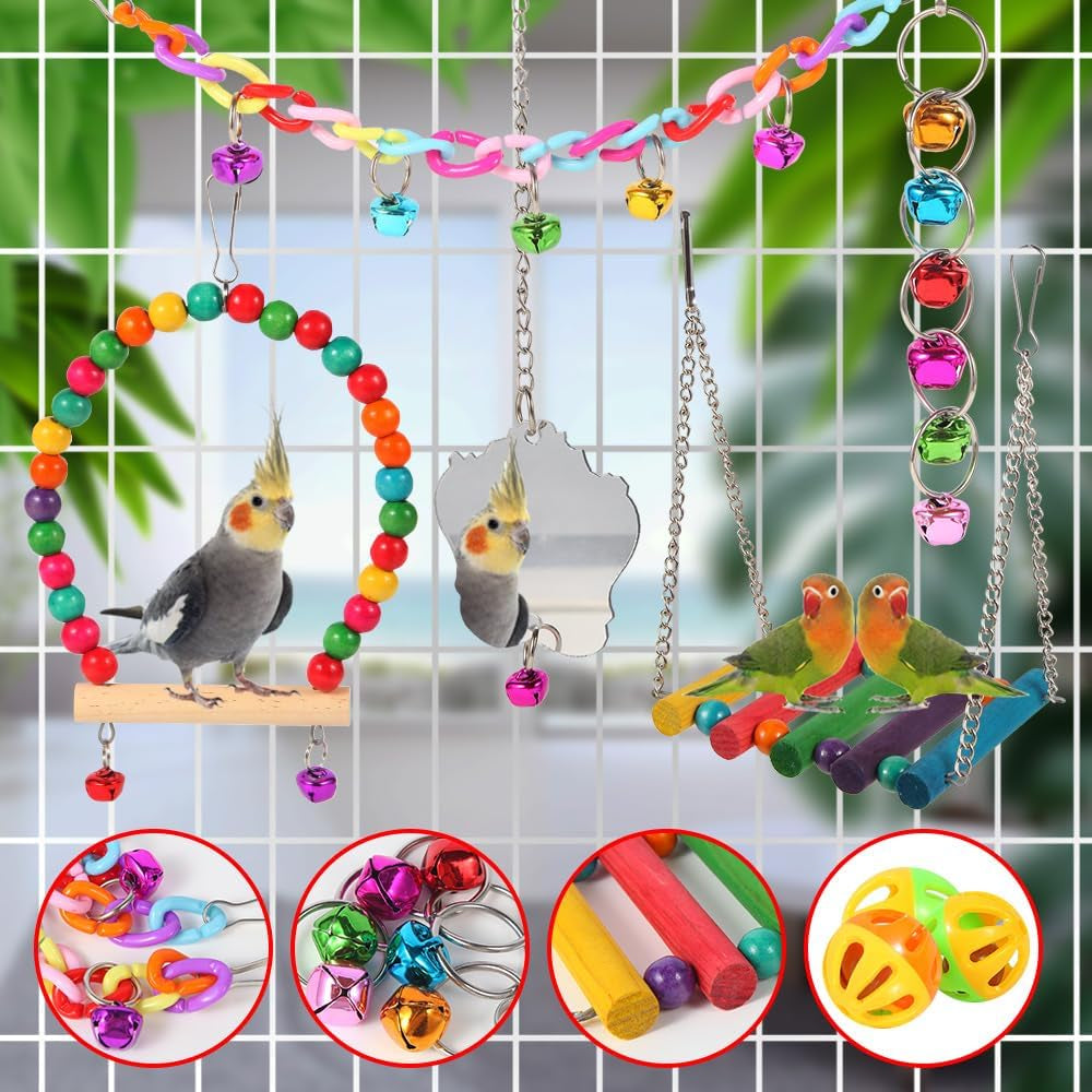 9Pcs Bird Toys for Parakeets - Wooden Ladder Bridge & Swing Hammock for Parrots, Conure, Cockatiel, Love Birds, Finches, Mynah, Budgerigar