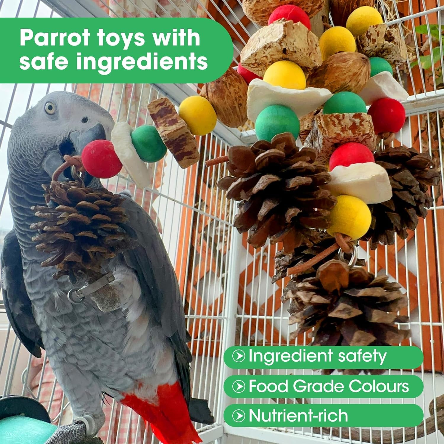 Parrot Toys,Nuts Nutrient-Rich Bird Toys,Natural Wooden Parrot Cage Bite Toy,Cockatoo Toys Containing Cuttlefish Bones,Pine Cones,Wooden Mangoes and Carambola for African Greys,Cockatoo,Budgie