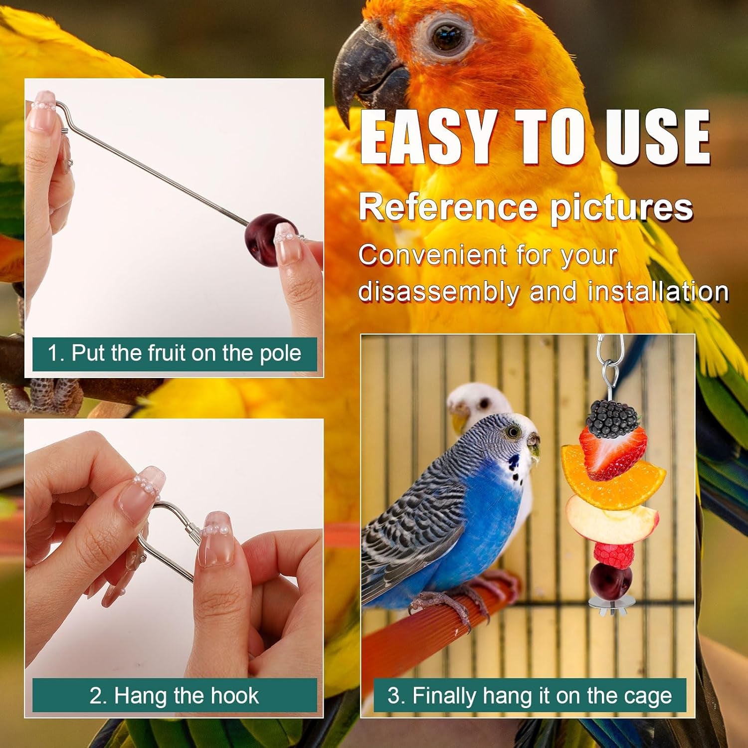 2Pcs Bird Cage Food Holder, Stainless Steel Parrot Fruit Skewer with Hook Bird Fruit Feeder Bird Supplies Foraging Toys for Macaw Parakeet Parrot Budgie