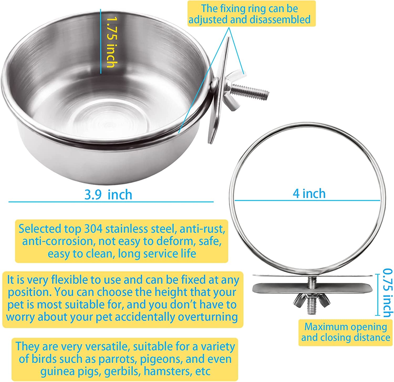 3 Pieces Stainless Steel Bird Feeding Dish Cups, Bird Feeder Parrot Food Water Bowls with Clamp, Pet Cage Cups Holder for Bird Parrot Cockatiel Conure Budgies Parakeet Small Animal