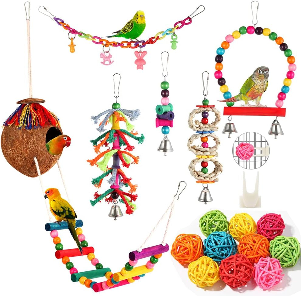 Parakeet Bird Parrot Toys Colorful Swing Chewing Hanging Toys with Bells Climbing Ladder Coconut Bird Cage for Small Cockatiels,Conures,Finches,Budgie,Macaws,Love Birds（Pet-Only USE）