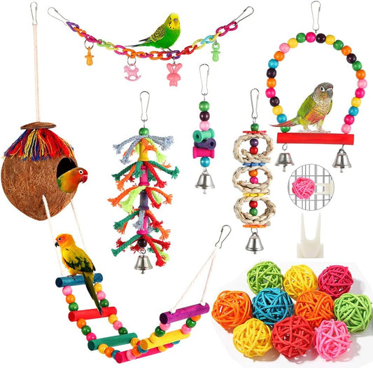 Parakeet Bird Parrot Toys Colorful Swing Chewing Hanging Toys with Bells Climbing Ladder Coconut Bird Cage for Small Cockatiels,Conures,Finches,Budgie,Macaws,Love Birds（Pet-Only USE）