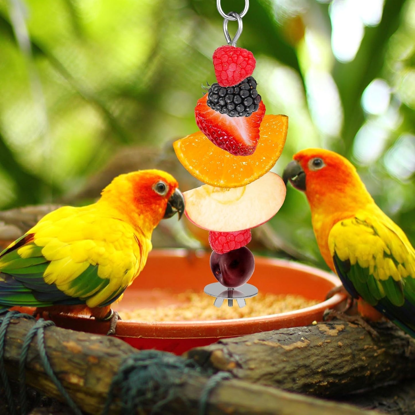 2Pcs Bird Cage Food Holder, Stainless Steel Parrot Fruit Skewer with Hook Bird Fruit Feeder Bird Supplies Foraging Toys for Macaw Parakeet Parrot Budgie