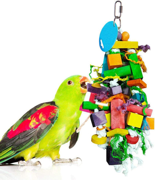 Chewing Toy for Parrot, Cockatiel, Macaw, Conure, Parakeet, 15.7 Inches Tall by 4 Inches Wide, Edible Chew, Nibbling Keeps Beaks Trimmed, Multicolored Wooden Blocks, 1 Pc