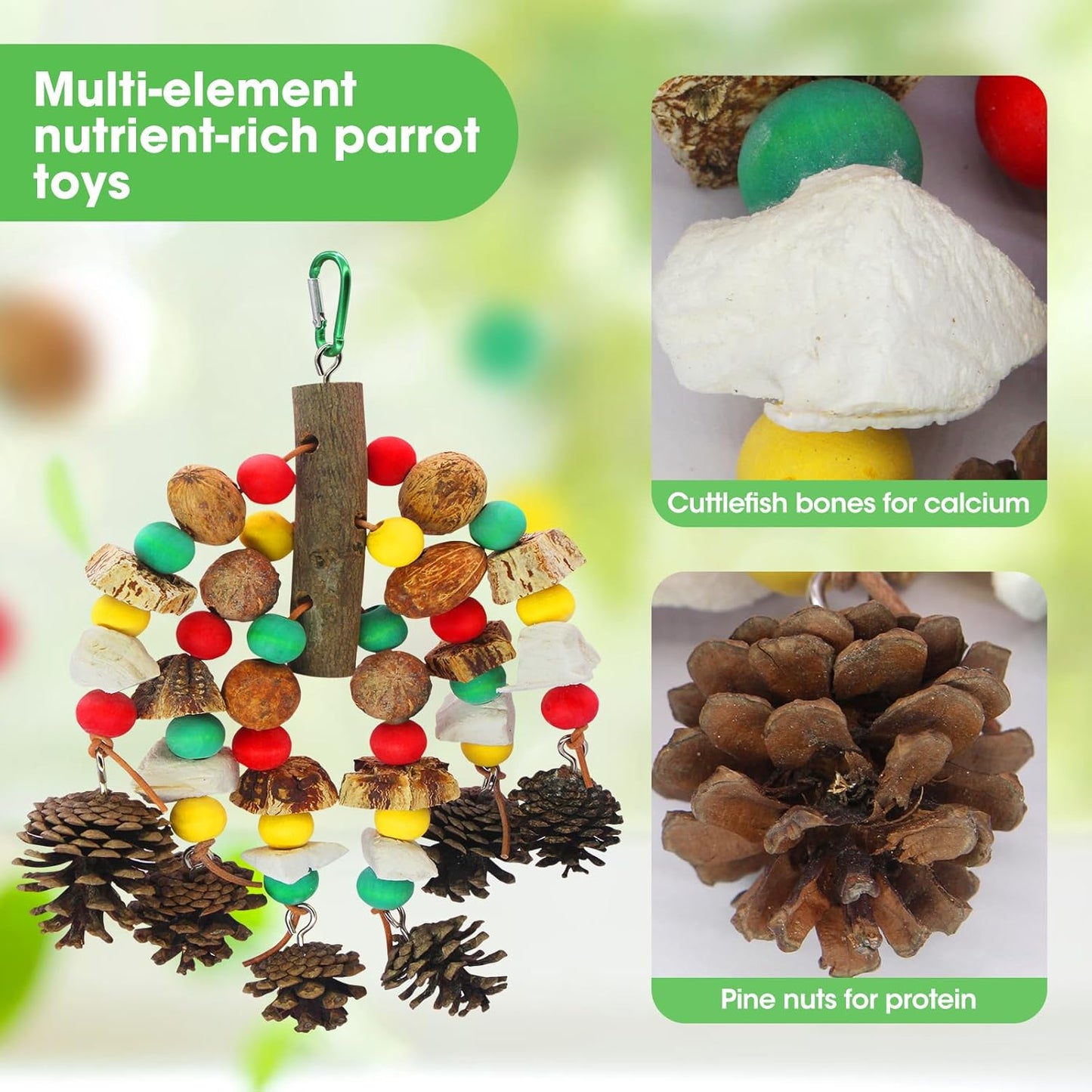 Parrot Toys,Nuts Nutrient-Rich Bird Toys,Natural Wooden Parrot Cage Bite Toy,Cockatoo Toys Containing Cuttlefish Bones,Pine Cones,Wooden Mangoes and Carambola for African Greys,Cockatoo,Budgie