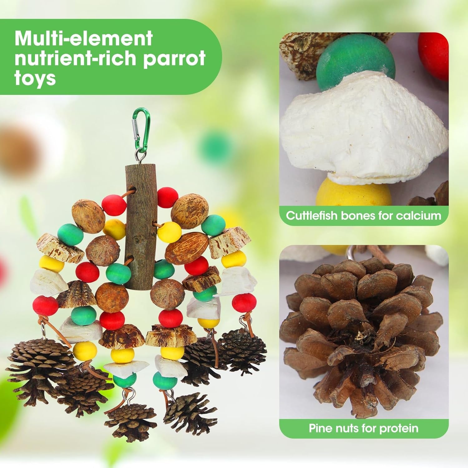 Parrot Toys,Nuts Nutrient-Rich Bird Toys,Natural Wooden Parrot Cage Bite Toy,Cockatoo Toys Containing Cuttlefish Bones,Pine Cones,Wooden Mangoes and Carambola for African Greys,Cockatoo,Budgie