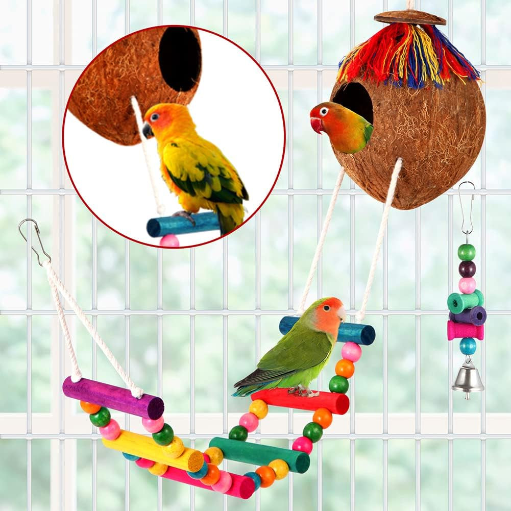Parakeet Bird Parrot Toys Colorful Swing Chewing Hanging Toys with Bells Climbing Ladder Coconut Bird Cage for Small Cockatiels,Conures,Finches,Budgie,Macaws,Love Birds（Pet-Only USE）