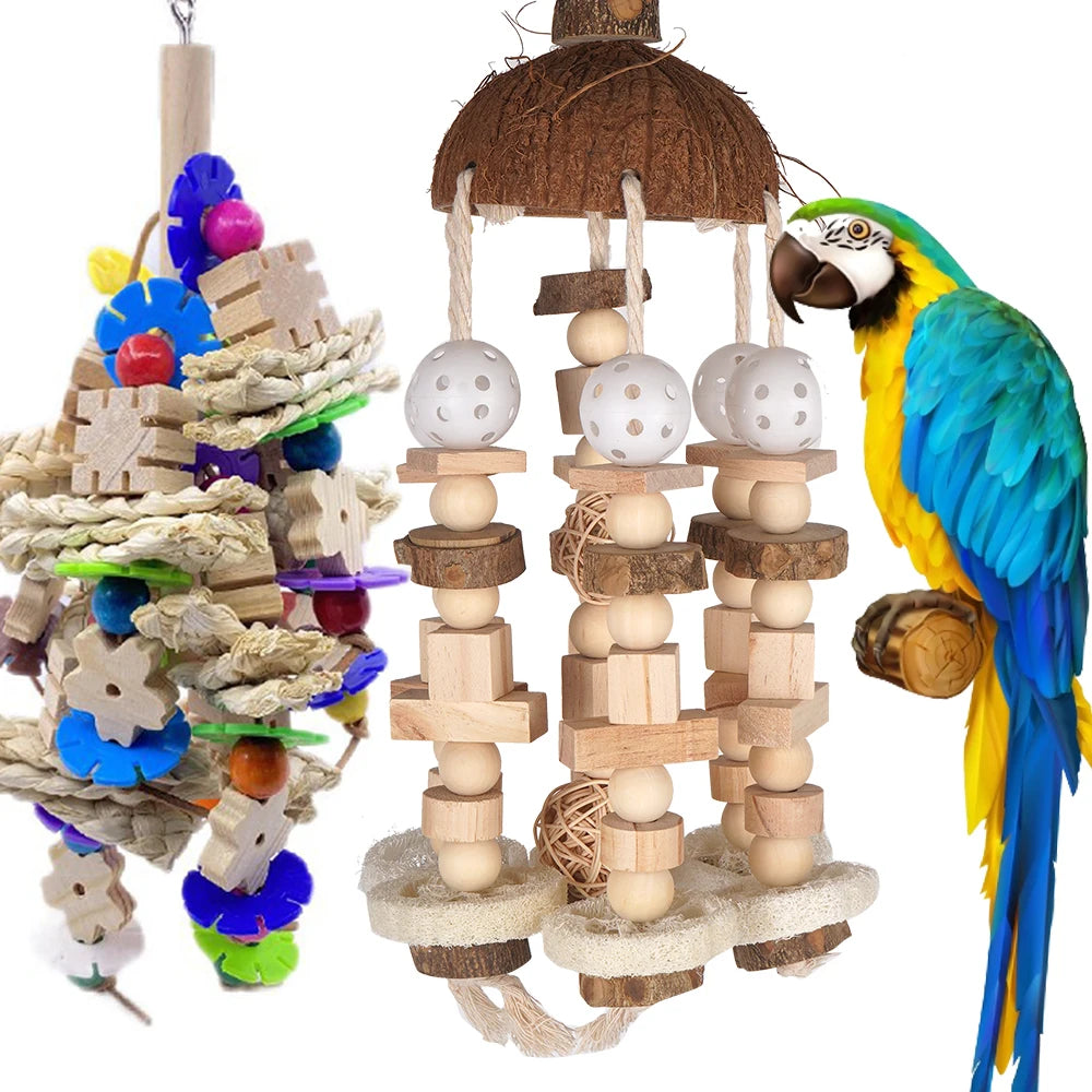 Bird Parrot Toy, Large Parrot Toy Natural Wooden Blocks Bird Chewing Toy Parrot Cage Bite Toy Suits for Macaws Parrots
