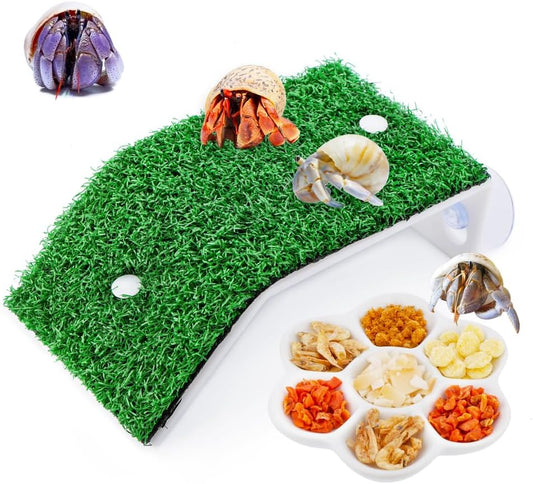 1 Pack Hermit Crab Ramp Toys Simulation Grass Hermit Crab Ramp Climbing Ladder with 1 Pack Ceramic Food Dish for Hermit Crab Habitat