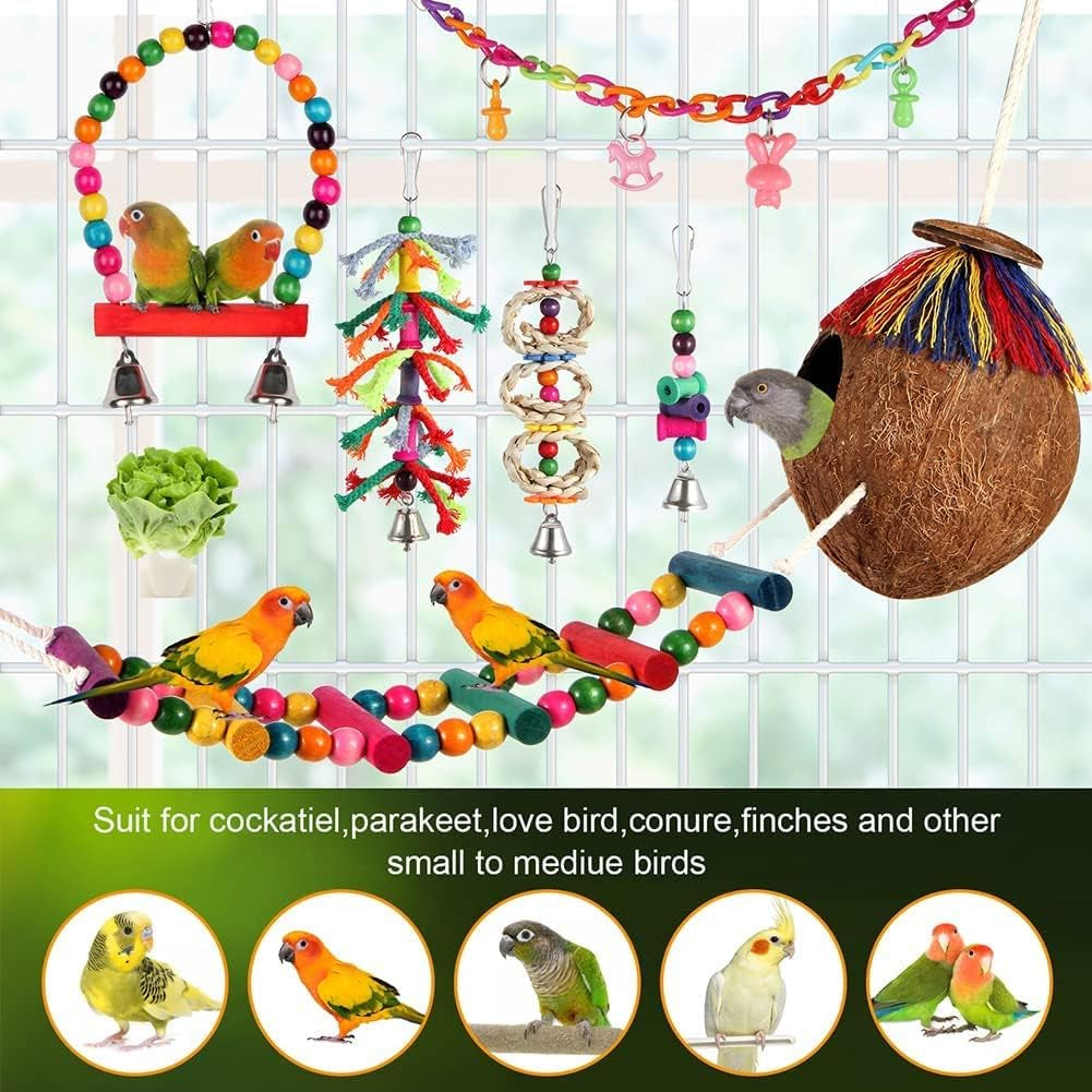 Parakeet Bird Parrot Toys Colorful Swing Chewing Hanging Toys with Bells Climbing Ladder Coconut Bird Cage for Small Cockatiels,Conures,Finches,Budgie,Macaws,Love Birds（Pet-Only USE）