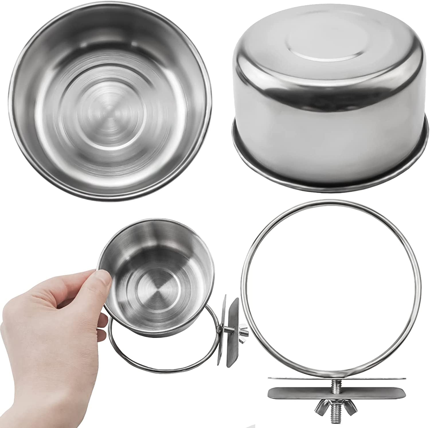 3 Pieces Stainless Steel Bird Feeding Dish Cups, Bird Feeder Parrot Food Water Bowls with Clamp, Pet Cage Cups Holder for Bird Parrot Cockatiel Conure Budgies Parakeet Small Animal