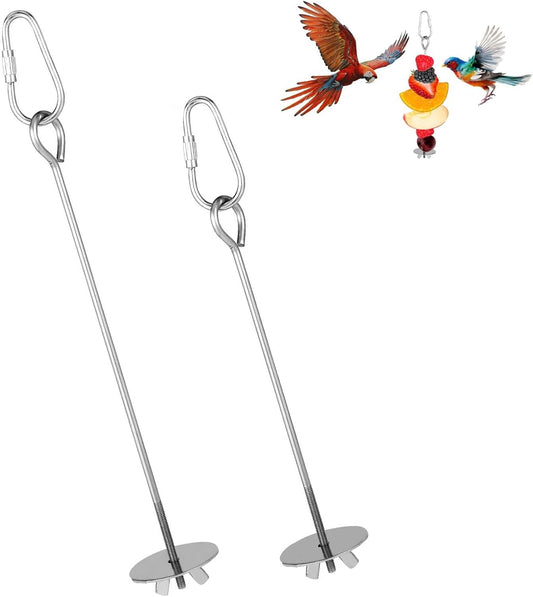 2Pcs Bird Cage Food Holder, Stainless Steel Parrot Fruit Skewer with Hook Bird Fruit Feeder Bird Supplies Foraging Toys for Macaw Parakeet Parrot Budgie