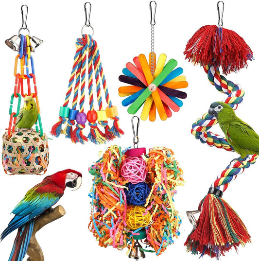 Bird Rope Perch with Bell - Colorful Chewing Shredding Foraging Toys for Parakeet, Parrot Swing Climbing Standing Hanging Cage Accessories for Conure Cockatiel Budgies Lovebird