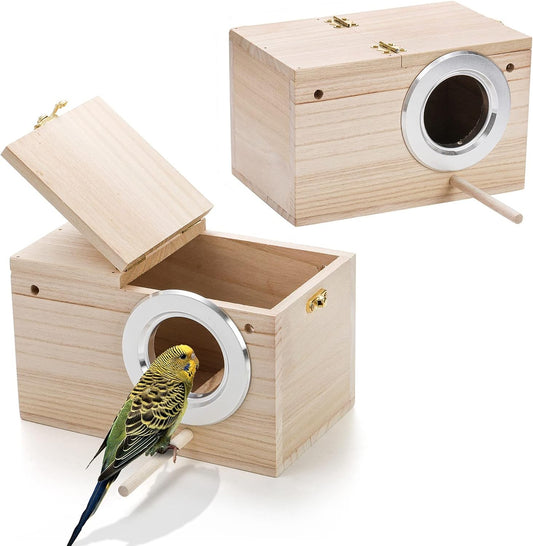 2 Pack Parakeet Nest Box, Natural Wood Bird Nesting Box, Small Bird House Breeding Box for Budgie Lovebirds, Cockatiel, Parrots Mating, Aviary, 7.7×4.7×4.7 Inches