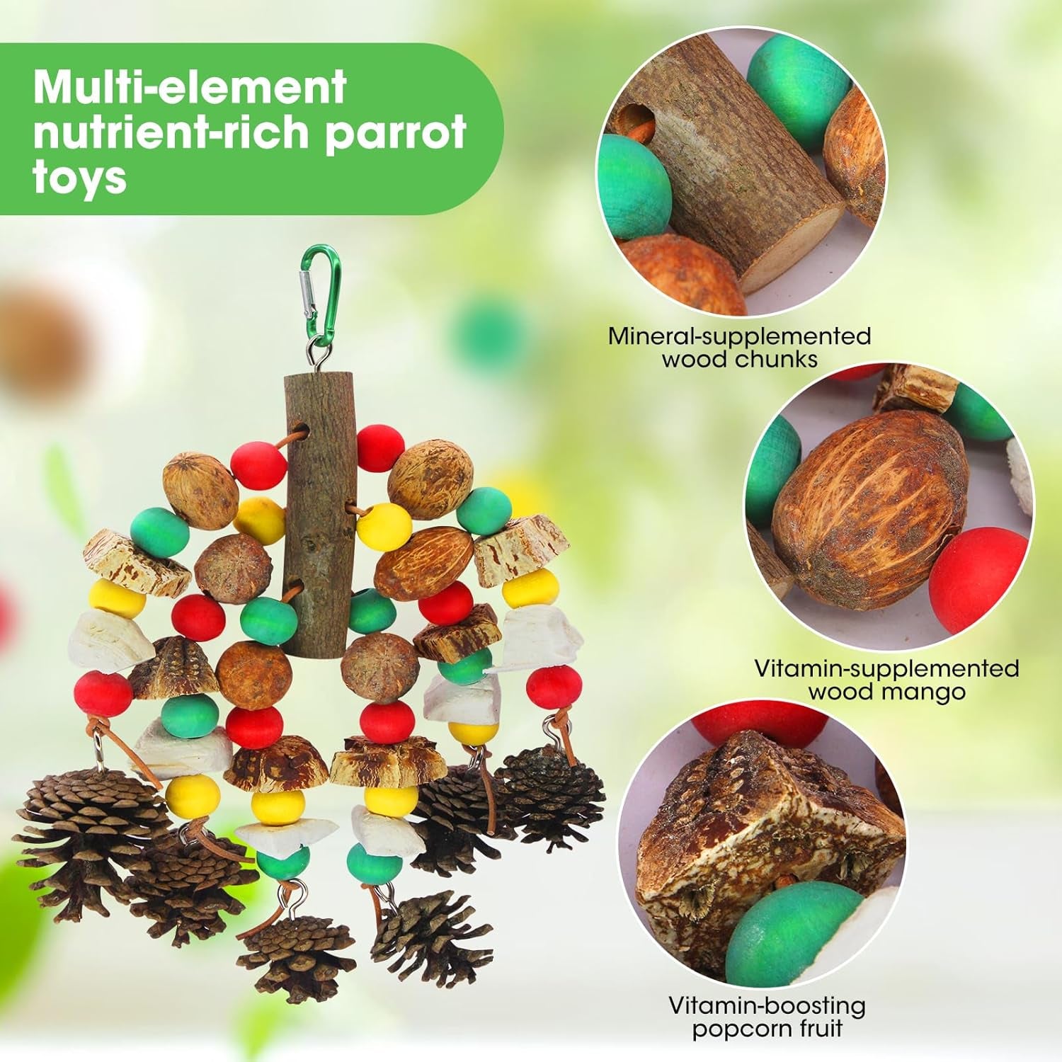 Parrot Toys,Nuts Nutrient-Rich Bird Toys,Natural Wooden Parrot Cage Bite Toy,Cockatoo Toys Containing Cuttlefish Bones,Pine Cones,Wooden Mangoes and Carambola for African Greys,Cockatoo,Budgie