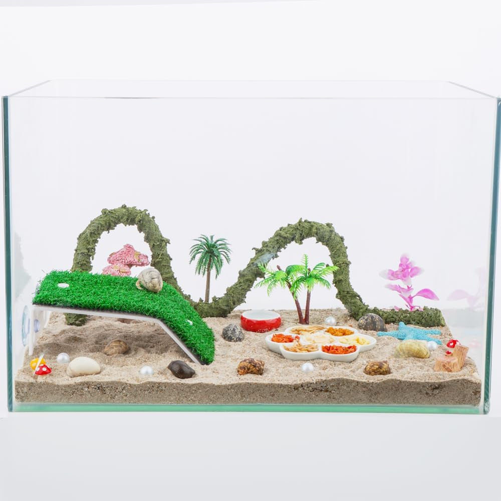 1 Pack Hermit Crab Ramp Toys Simulation Grass Hermit Crab Ramp Climbing Ladder with 1 Pack Ceramic Food Dish for Hermit Crab Habitat